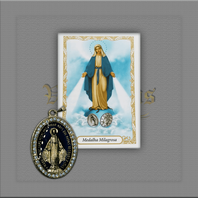 Medalha Milagrosa Resinada C/ Strass Grande 4x3cm Com corrente Inox