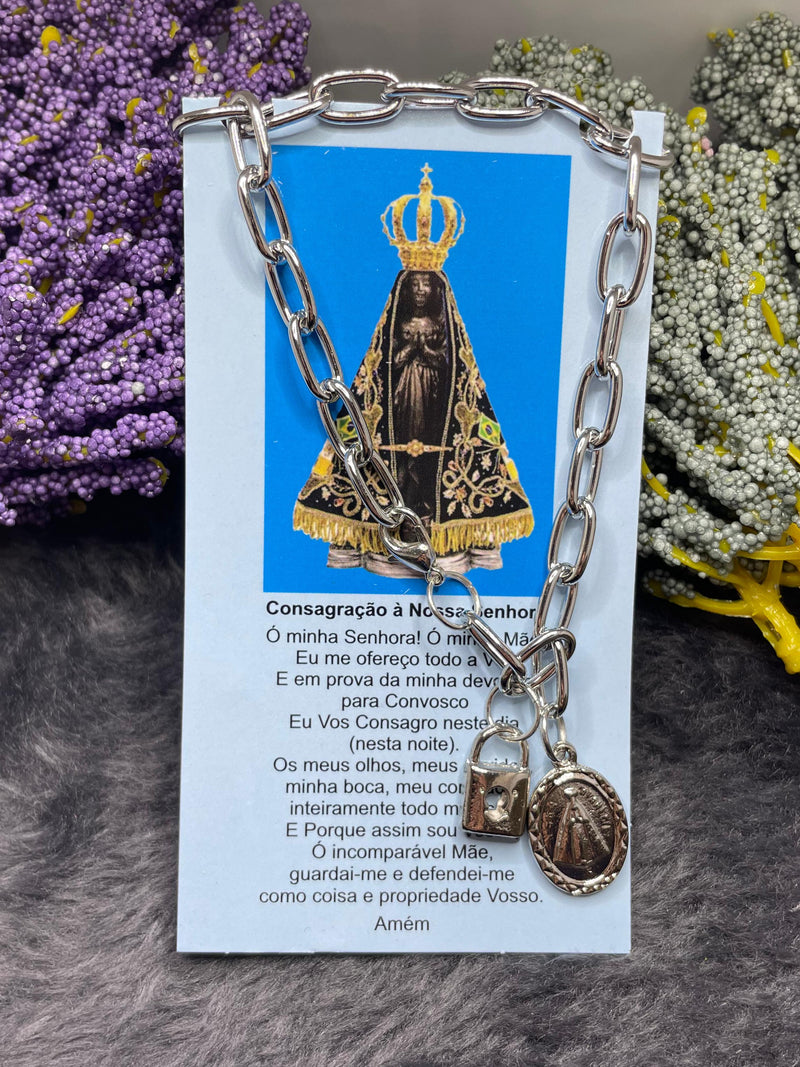 Pulseira cadeia de Nossa Senhora com corrente inox