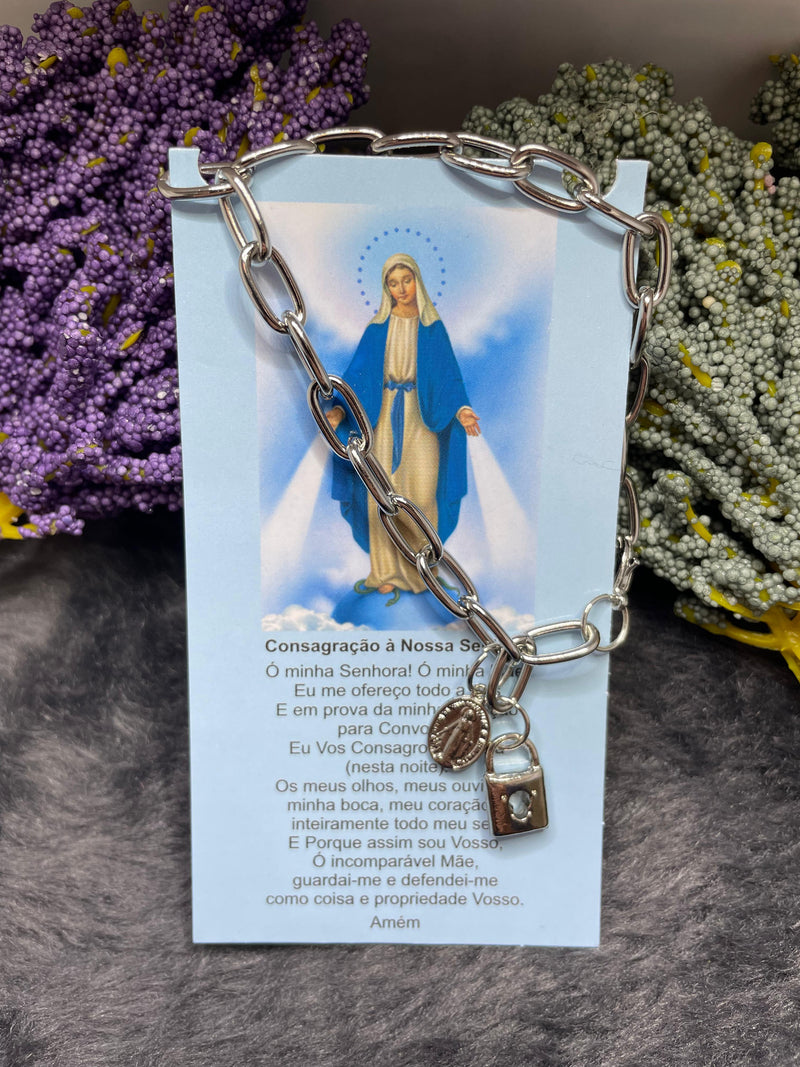 Pulseira cadeia de Nossa Senhora com corrente inox